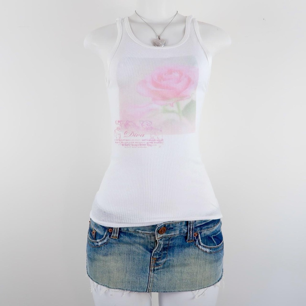 Y2K Sheer White Rose Graphic Ribbed Tank